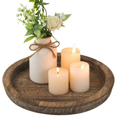 Round Wooden Candle Holder Tray, Rustic Decorative Plate for Home Decor