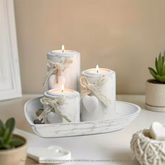 White Wooden Candle Holder Set – Rustic Tabletop Décor with Heart Tray
