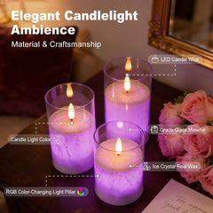 Rechargeable Flameless LED Candles – RGB Flickering Glass Candles with Remote & Timer, 3-Pack