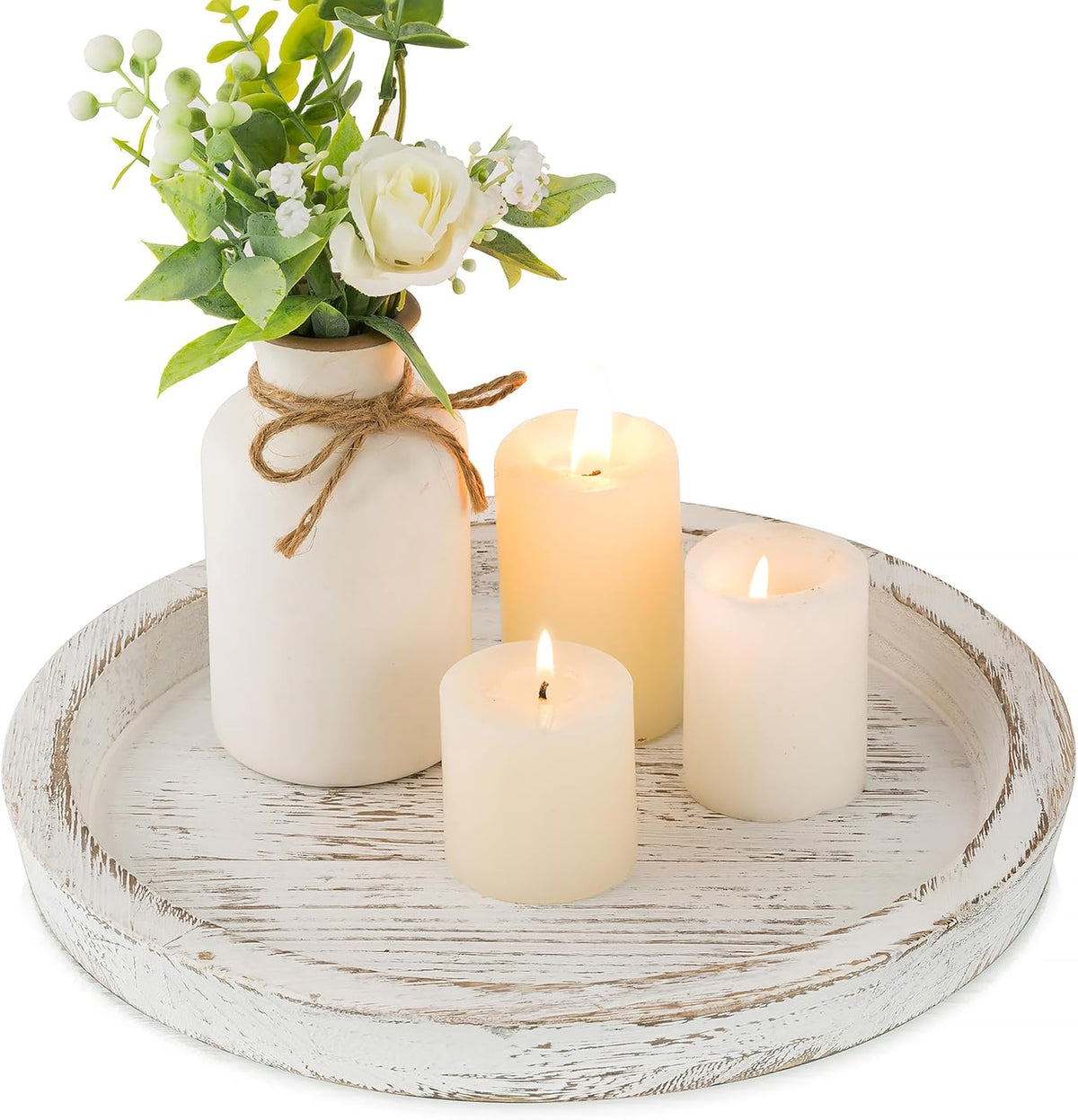 Round Wooden Candle Holder Tray, Rustic Decorative Plate for Home Decor