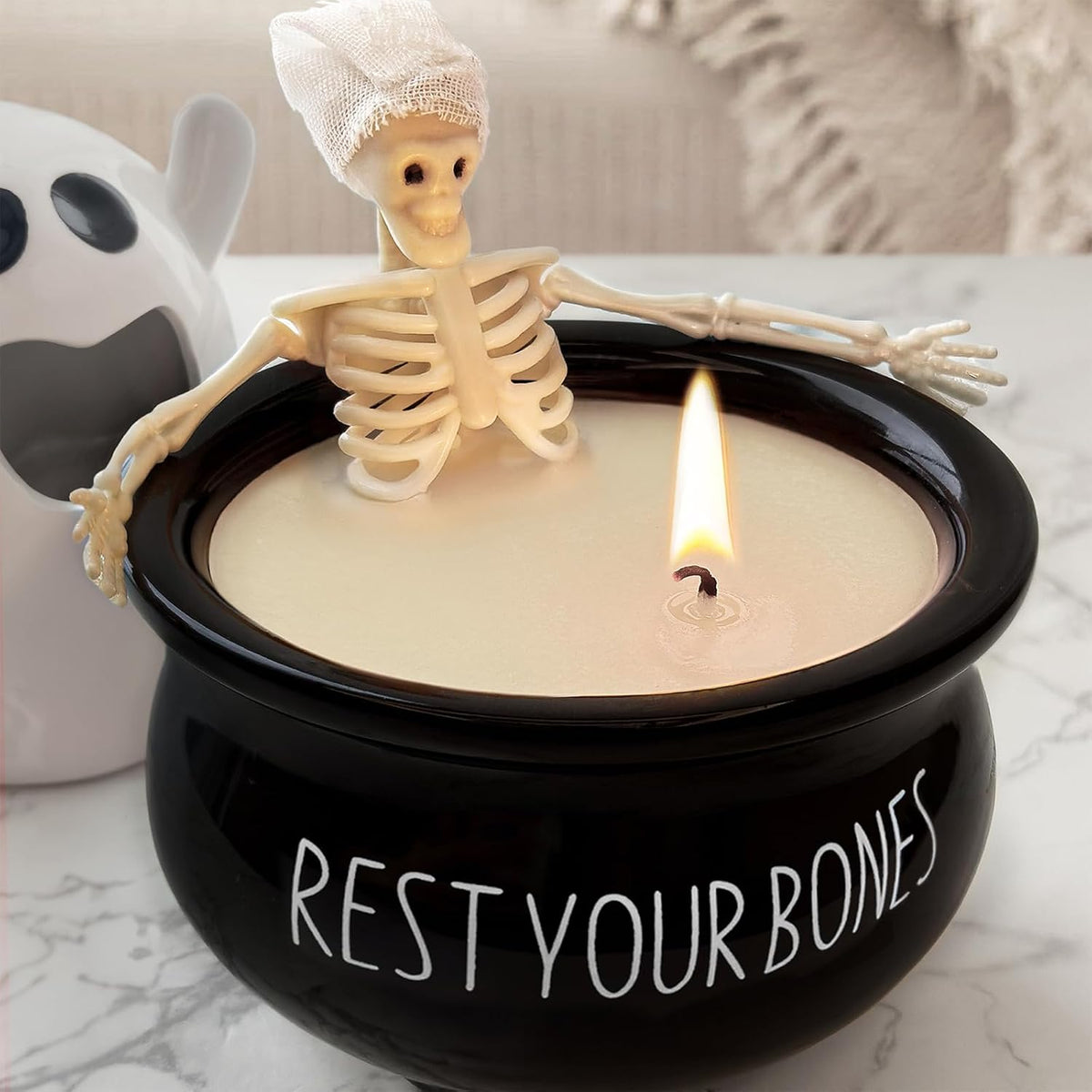 Halloween Skull Candle, Gothic Skeleton Bath Candle for Table & Mantel Decor