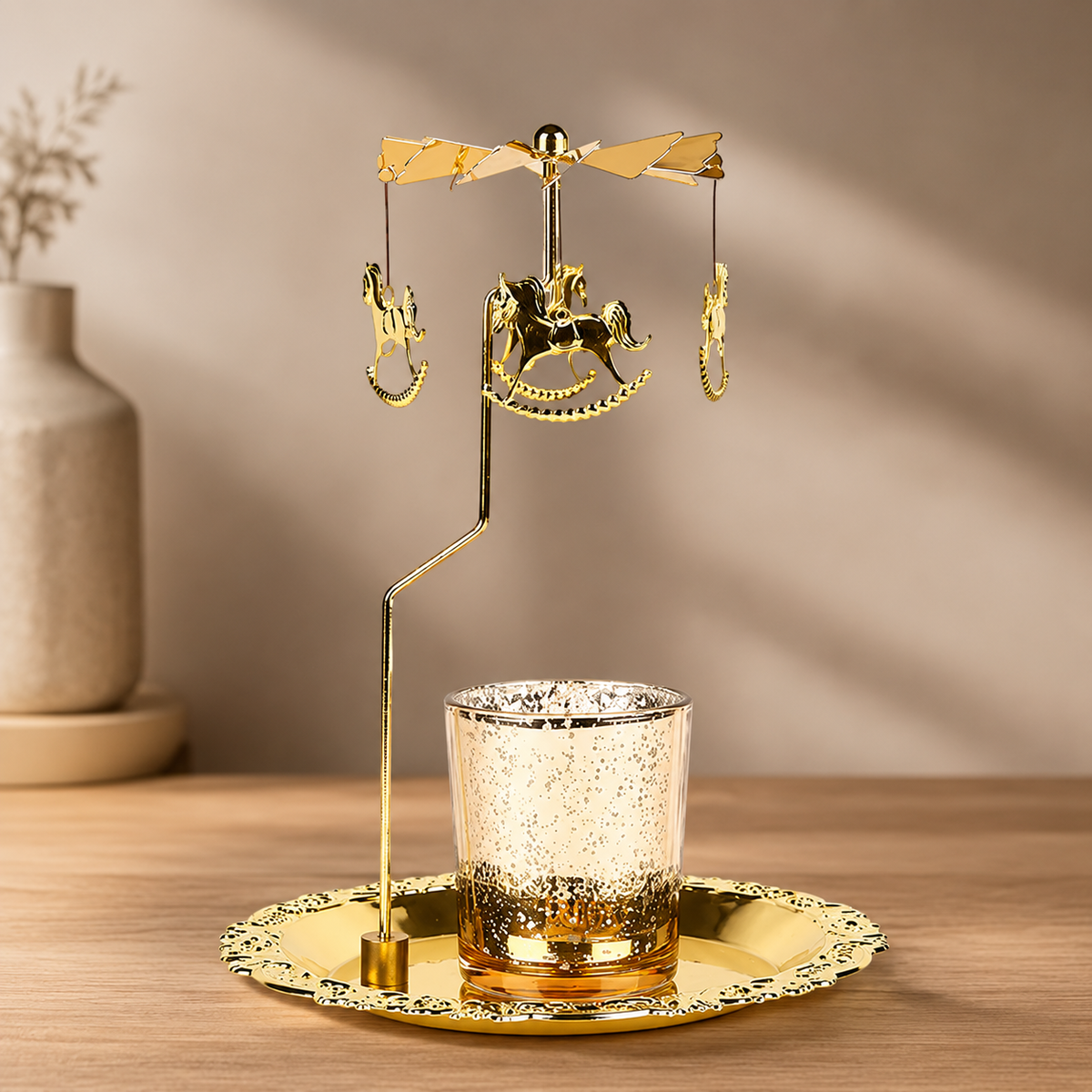 Gold Metal Heat-Powered Spinning Carousel Candle Holder