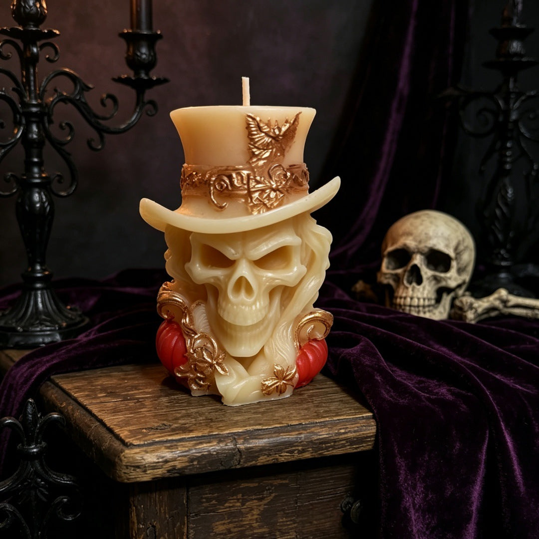 Halloween Skull Scented Candle, Gothic Top Hat Skeleton Candle for Halloween Decor