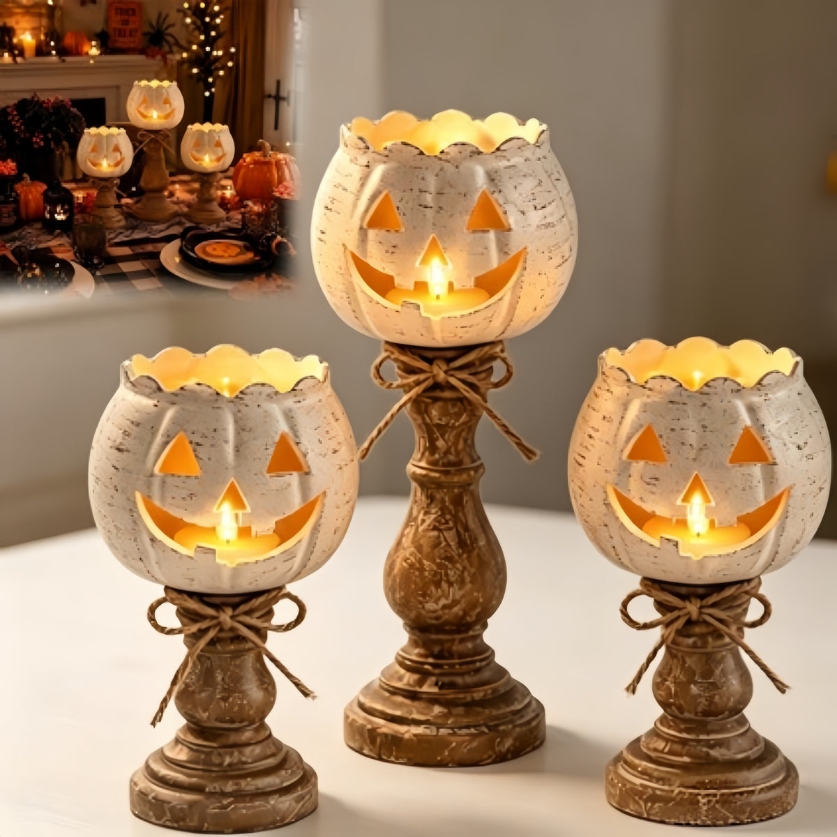 3-Pack Halloween Pumpkin Candle Holders, Farmhouse Tea Light Holders