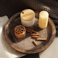 Round Wooden Candle Holder Tray, Rustic Decorative Plate for Home Decor