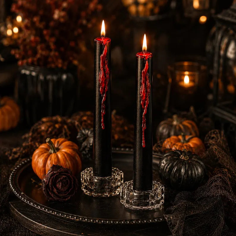 Bleeding Taper Candles, Black Red Drip Gothic Halloween Candles
